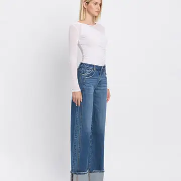 High Rise Cuffed Panel Baggy Wide Jeans - SHINE