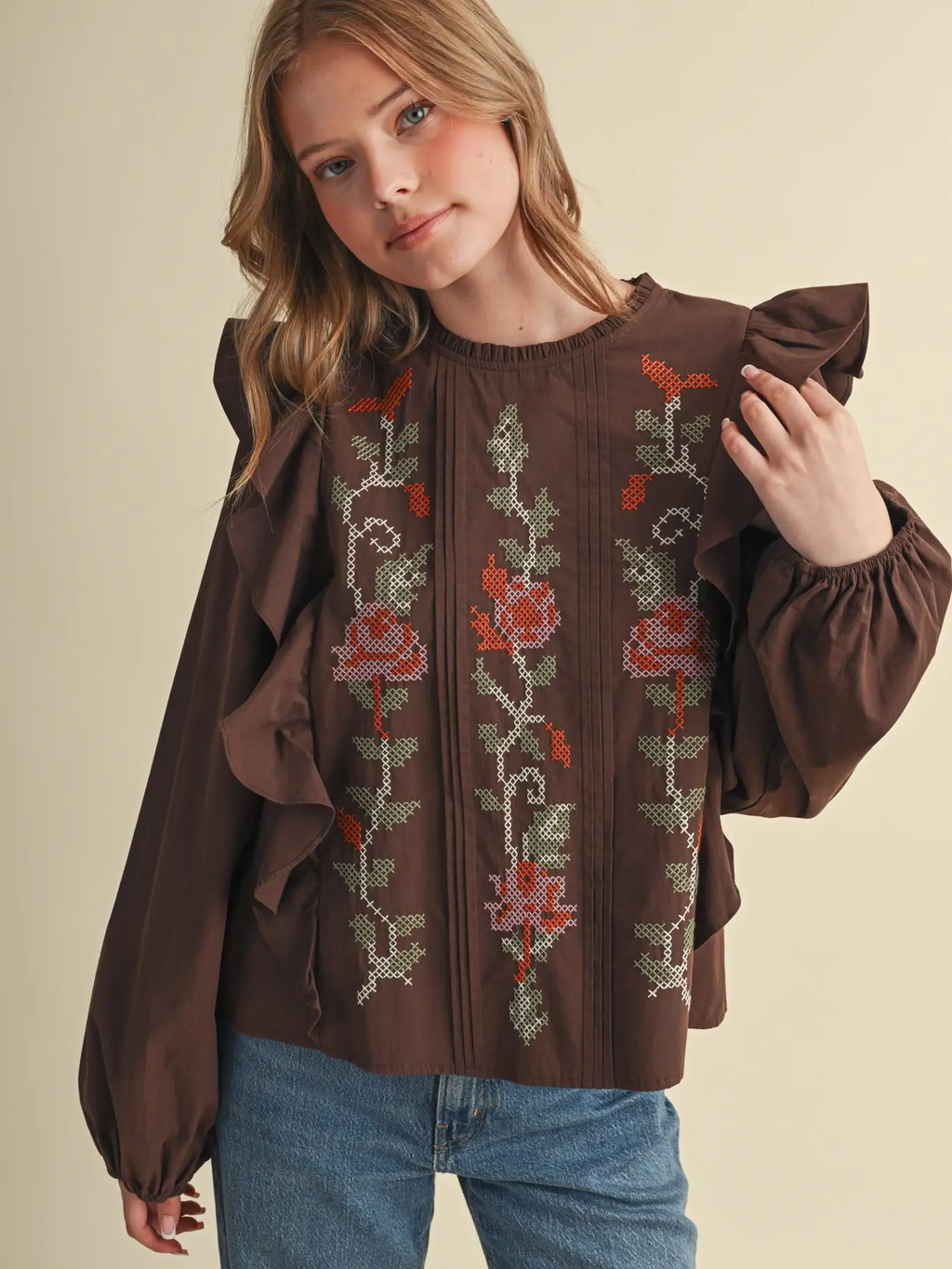 Floral Cross Stitch Ruffled Top