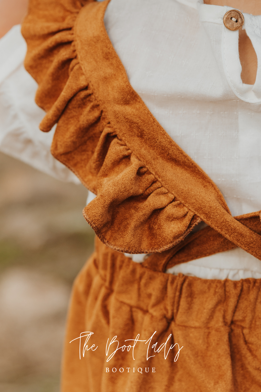 GIRLS KHAKI RUFFLE SUSPENDER DRESS