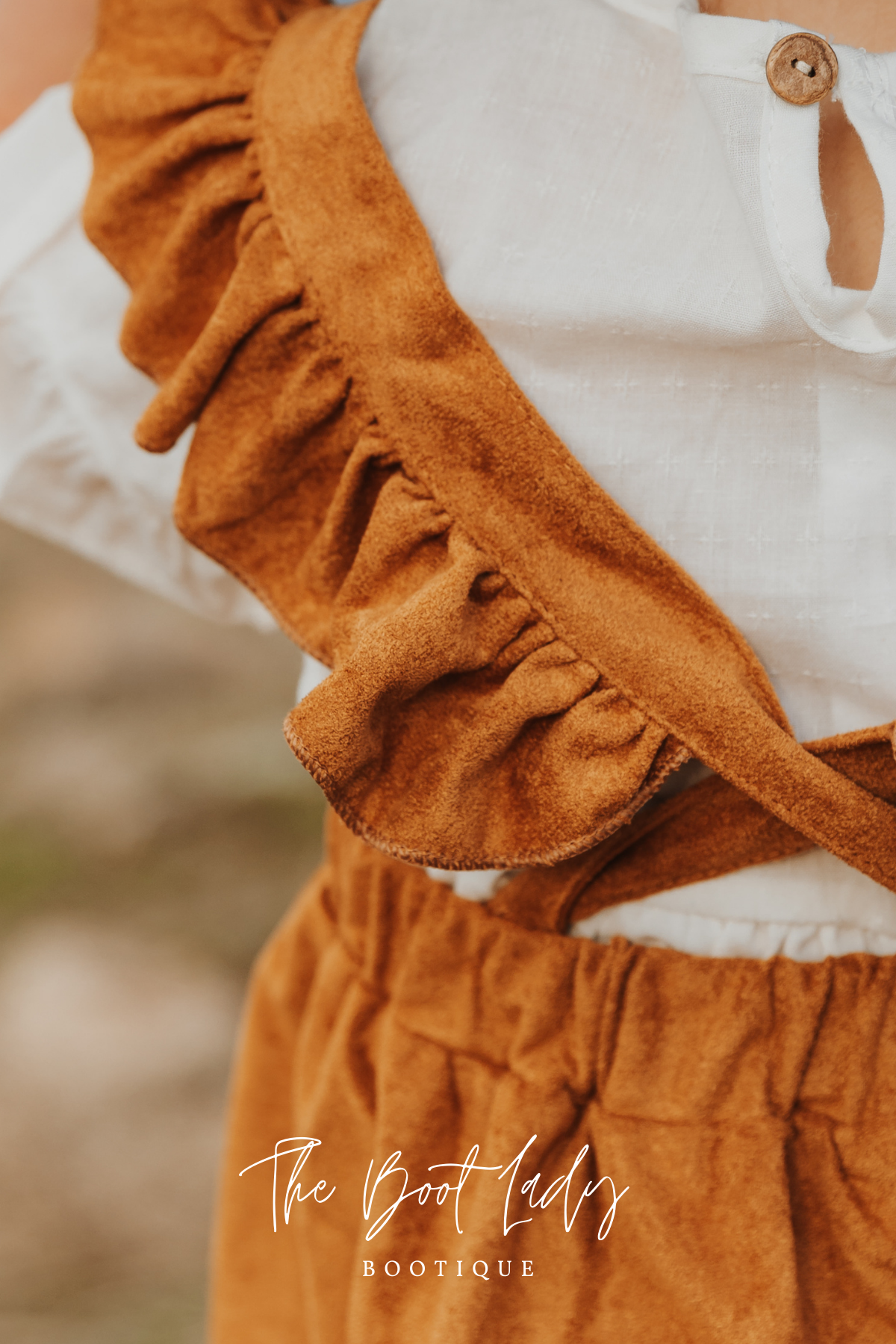 GIRLS KHAKI RUFFLE SUSPENDER DRESS