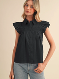 Ruffle Trim Button Down Top - BLACK