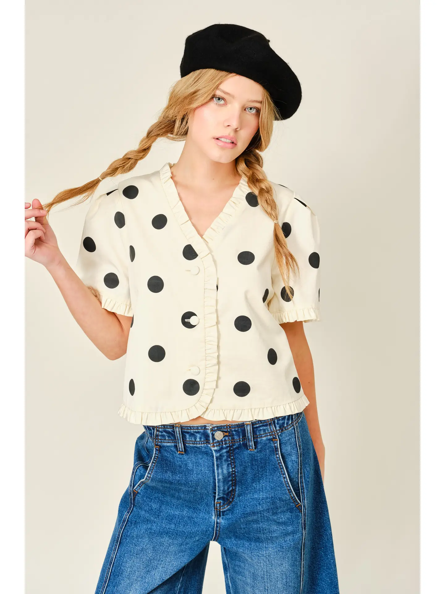Ruffle Edge Dot Print Short Sleeve Jacket