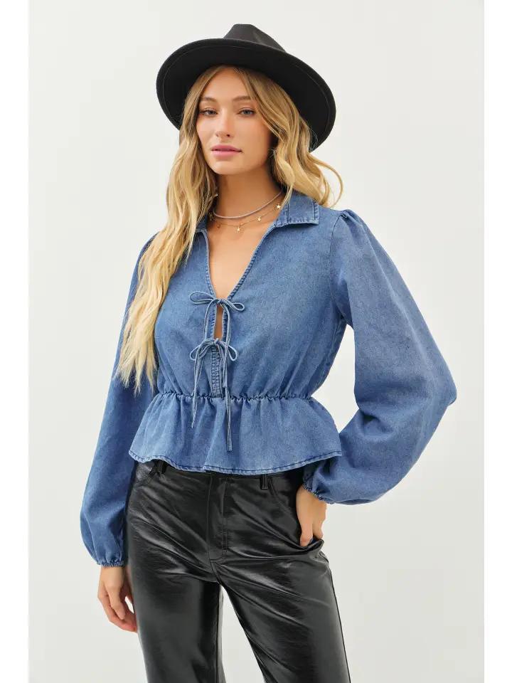 Washed Cotton Denim Drop Waist Top with Split Neck
