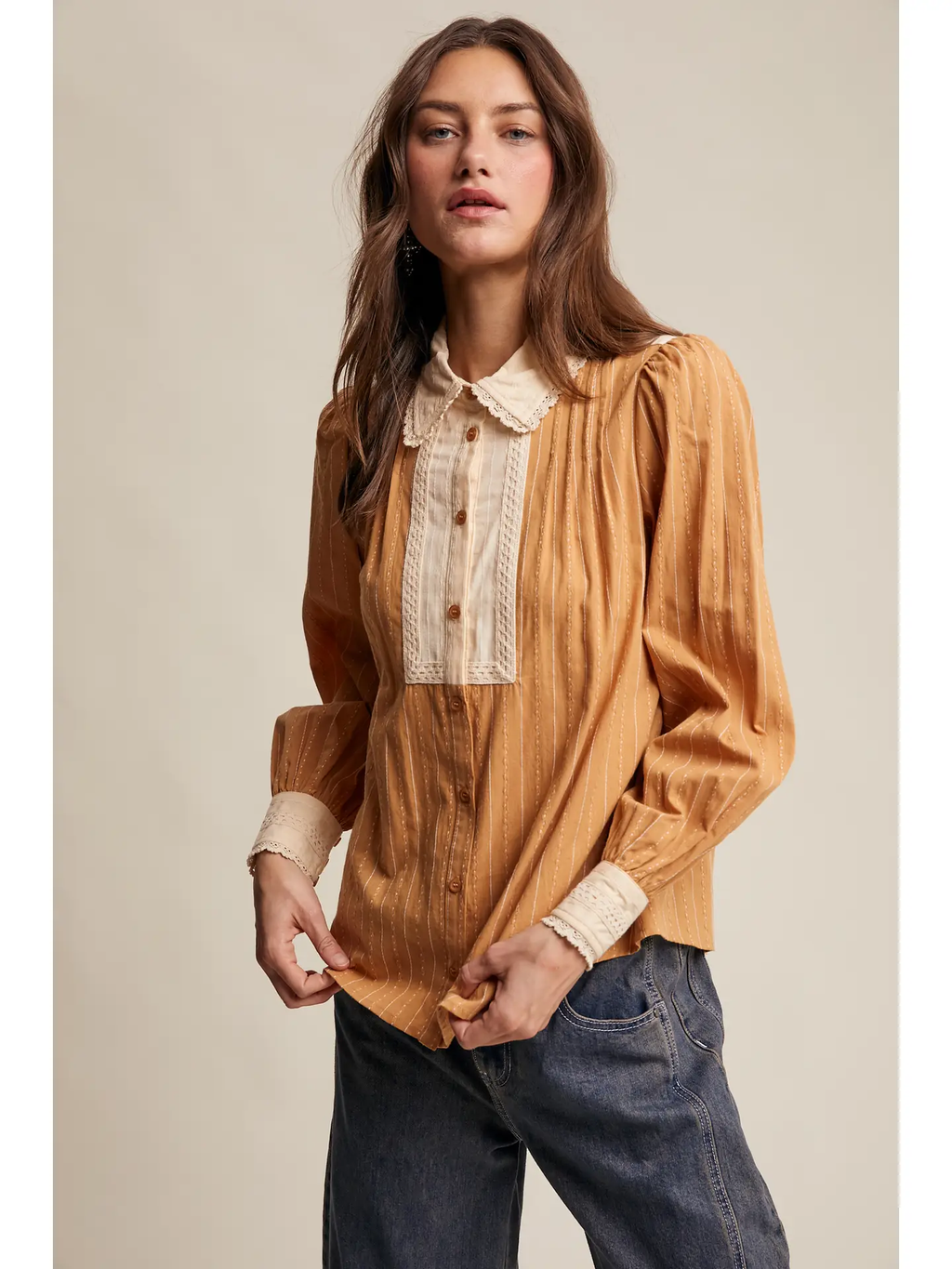 Victorian Contrast Lace Blouse - CLAY