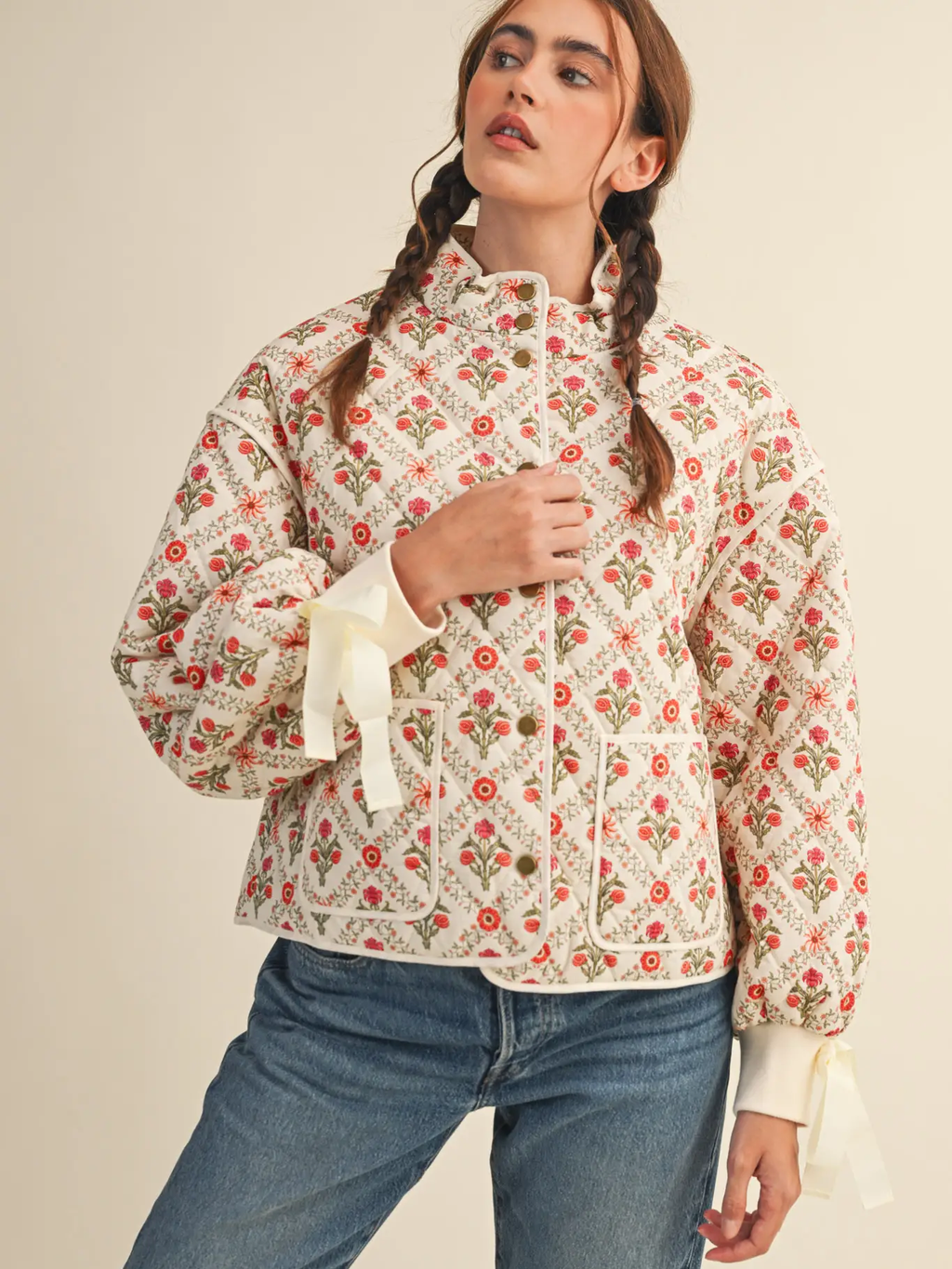 Floral Quilted Jacket with Ribbon Detail - IVORY RED