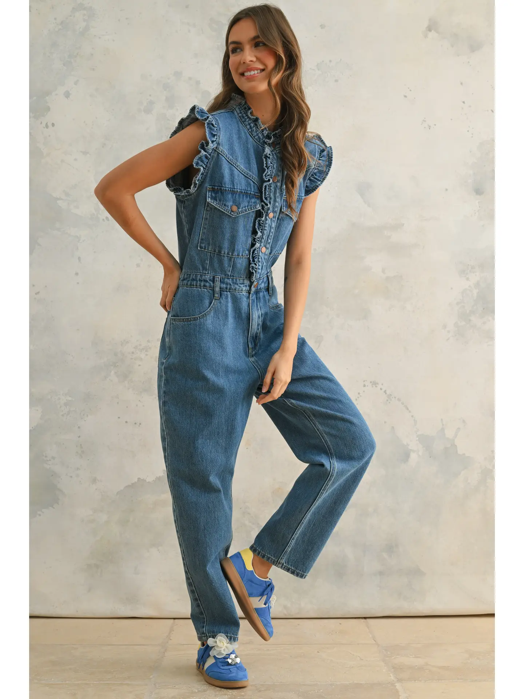 Denim Utility Jumpsuit with Ruffled Detail
