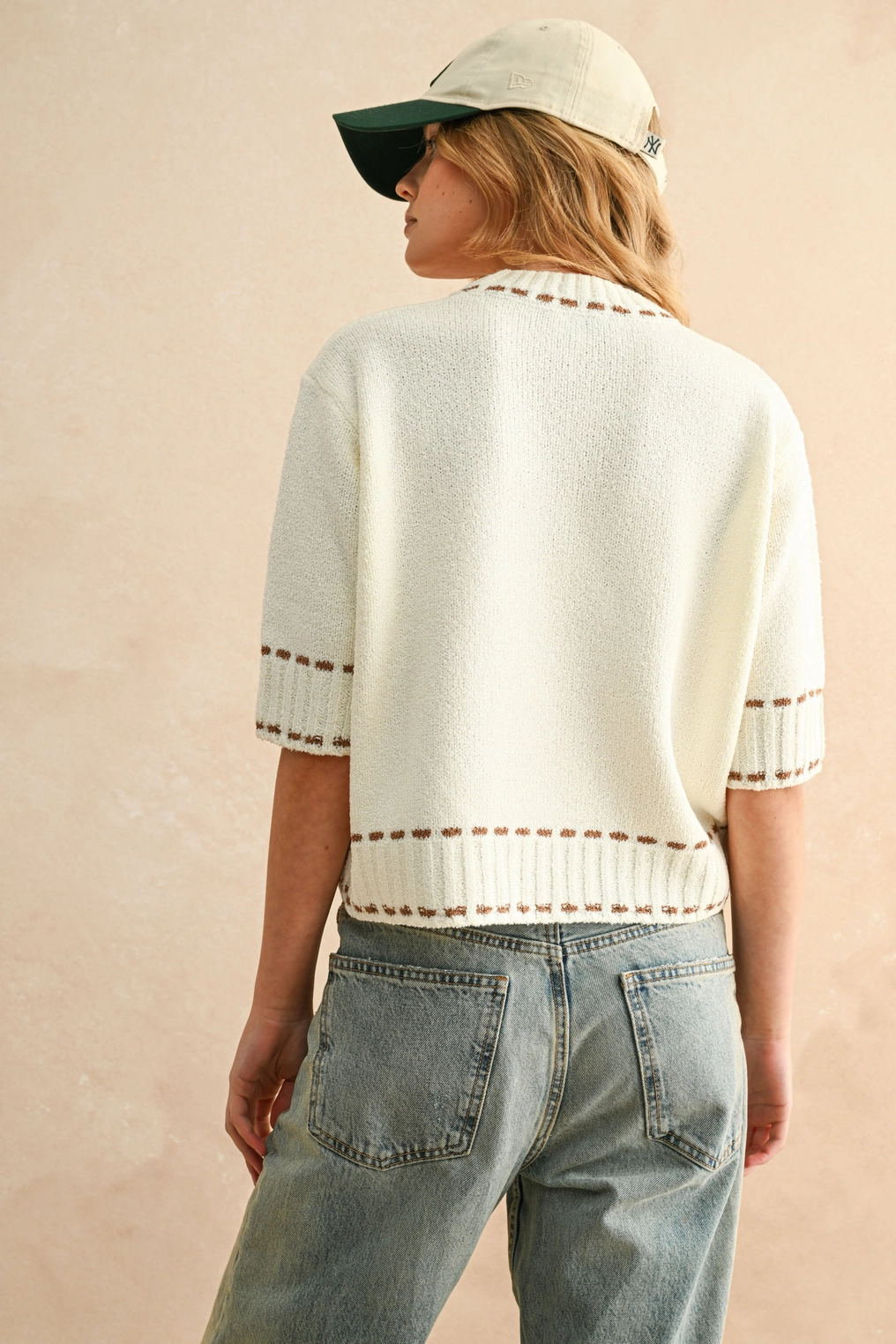 Stitch Effect Detail Short Sleeve Top - Brown