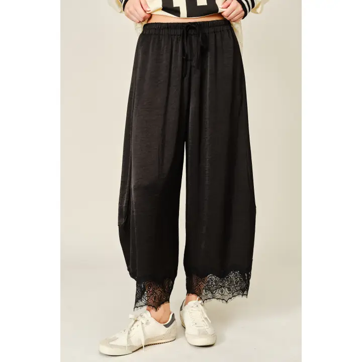 Lace Trim Satin Drawstring Barrel Pants