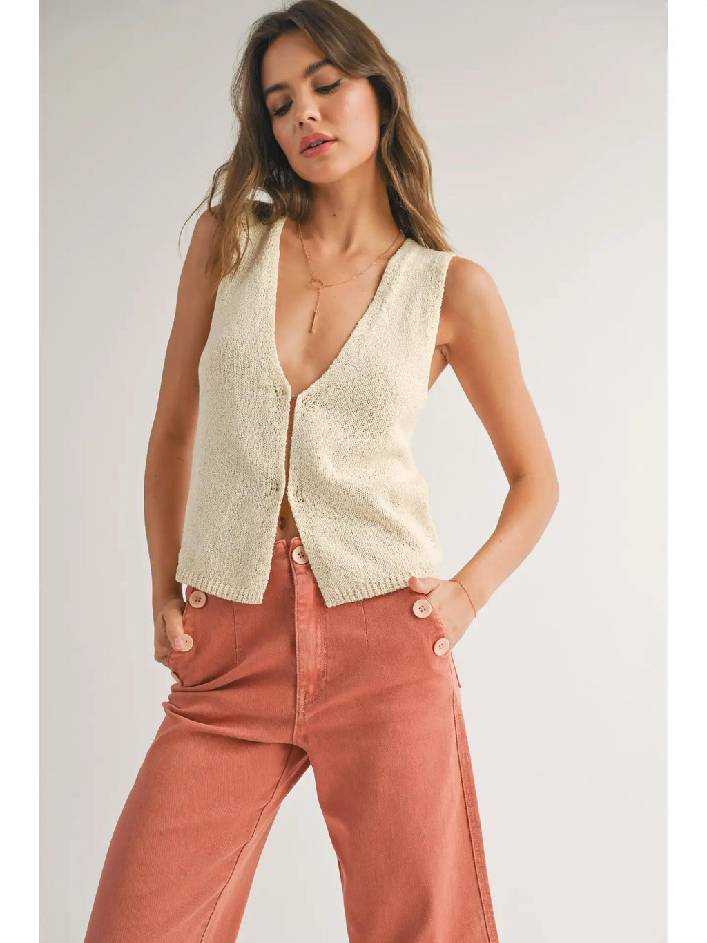 Hook & Eye Closer Vest Cardigan - Beige