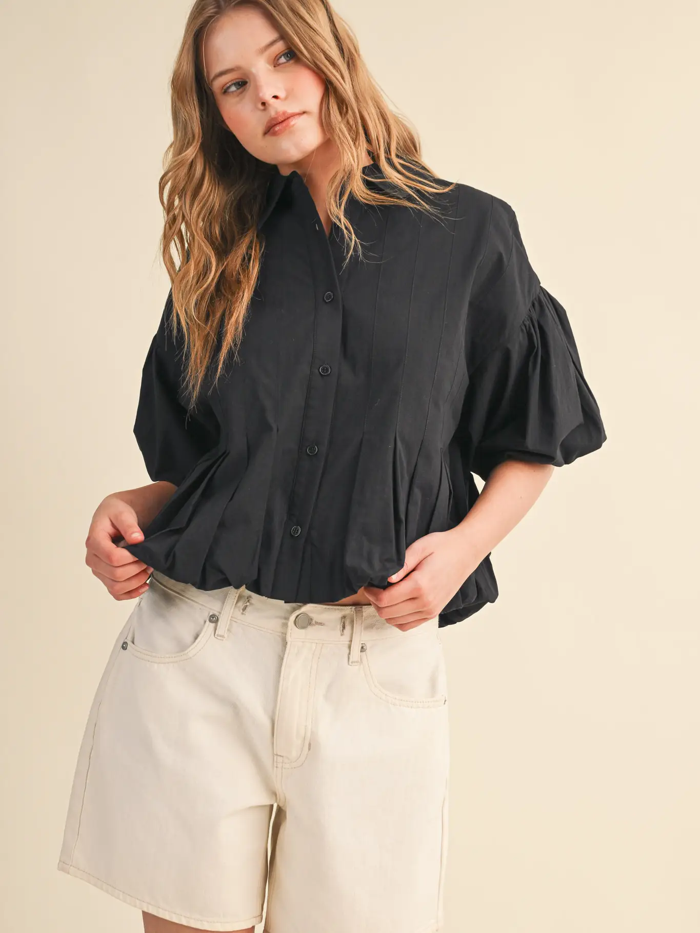 Pleated Bubble Hem Button Down Top - BLACK