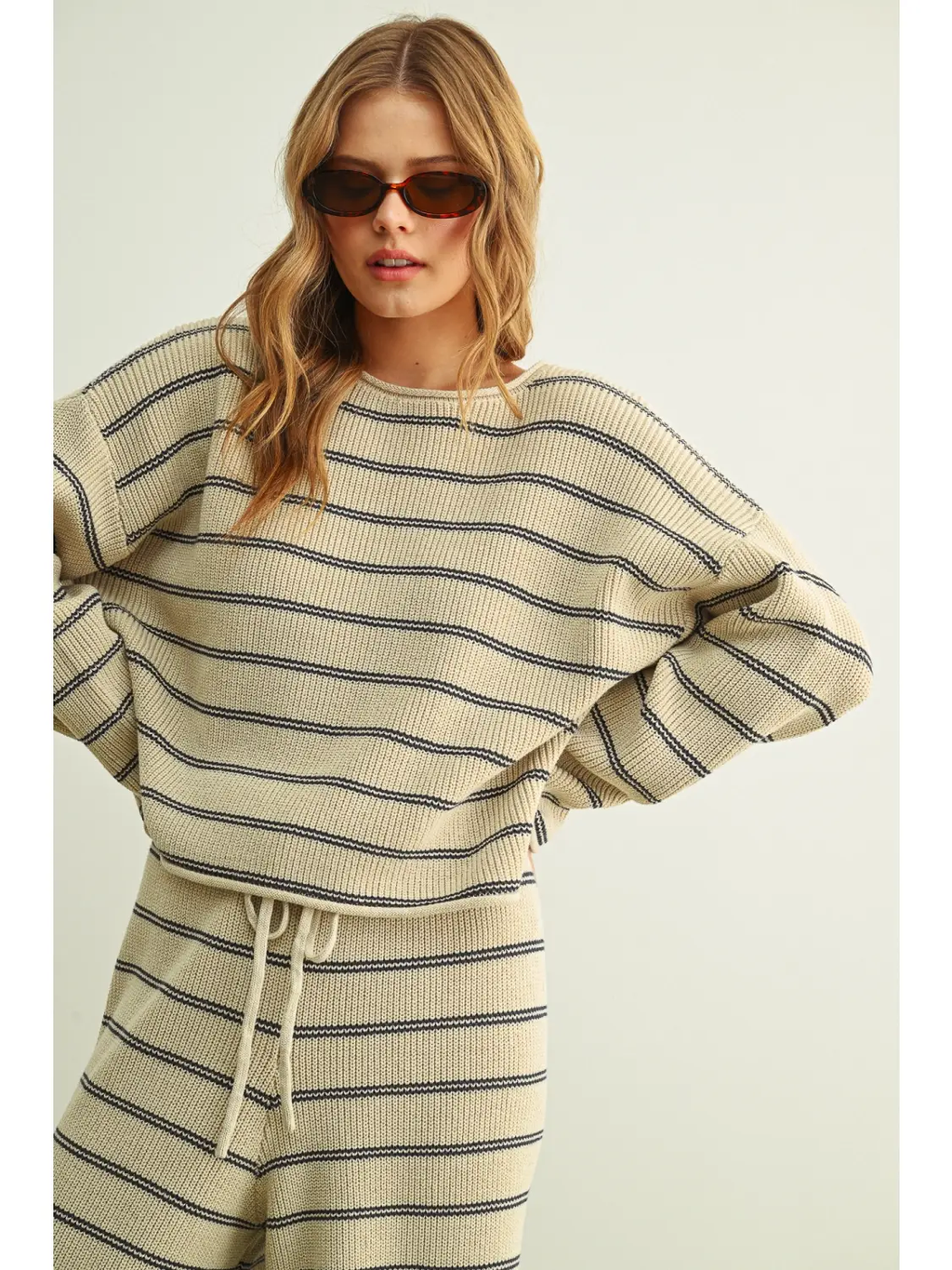 Striped Pattern Long Sleeve Sweater Top - BEIGE/BLUE