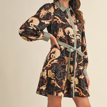 Exclusive Mixed Print Button Down Mini Dress - BLACK MULTI