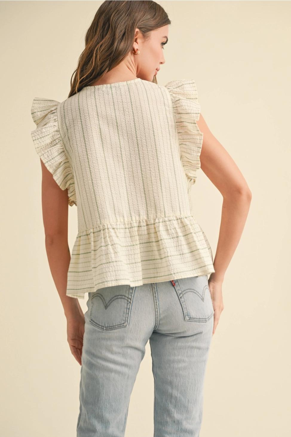 Striped with Tie Front Ruffle Sleeveless Blouse - Green