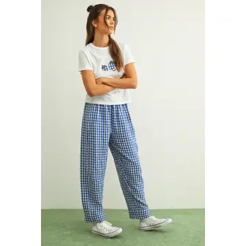 Gingham Pattern Elastic Band Waist Pants - BLUE/WHITE