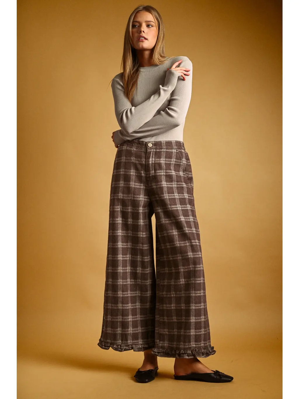 Ruffle Detail with Plaid Fabric Pants - CHOCOLATE