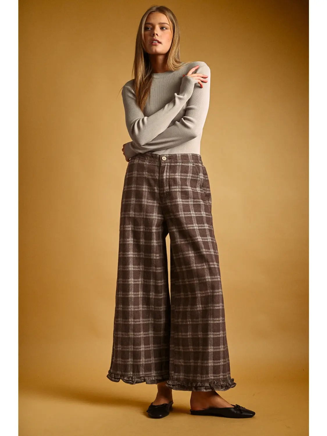Ruffle Detail with Plaid Fabric Pants - CHOCOLATE