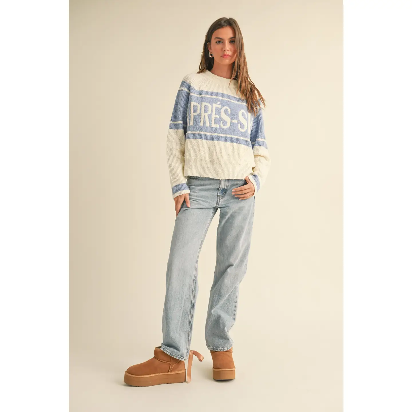 Apres Ski Letter Front Sweater Top - Cream/Blue