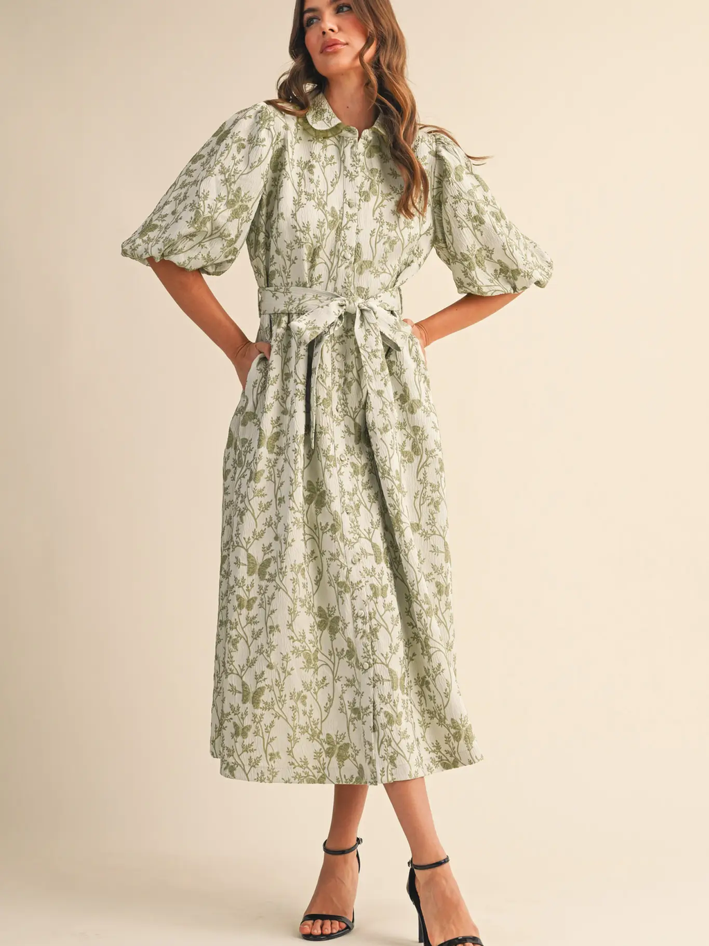 Jacquard Bubble Sleeve Button Down Midi Dress - Sage Green
