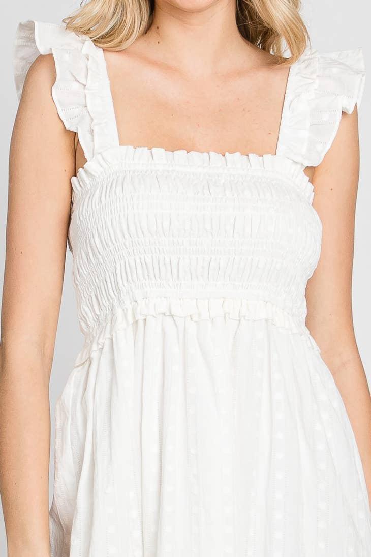 COTTON JACQUARD SMOCKED DRESS - WHITE