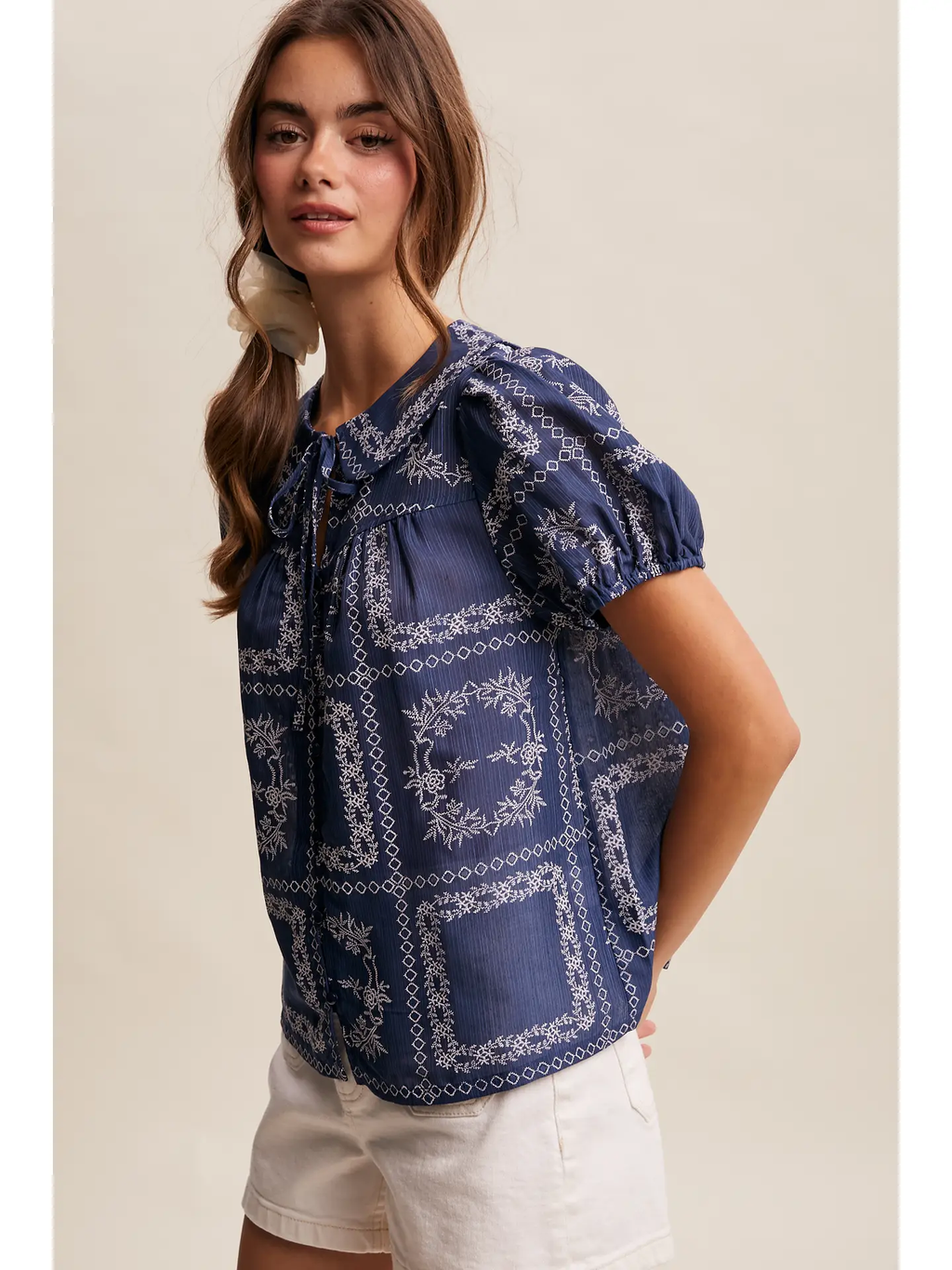 Embroidered Eyelet Puff Sleeve Blouse - NAVY
