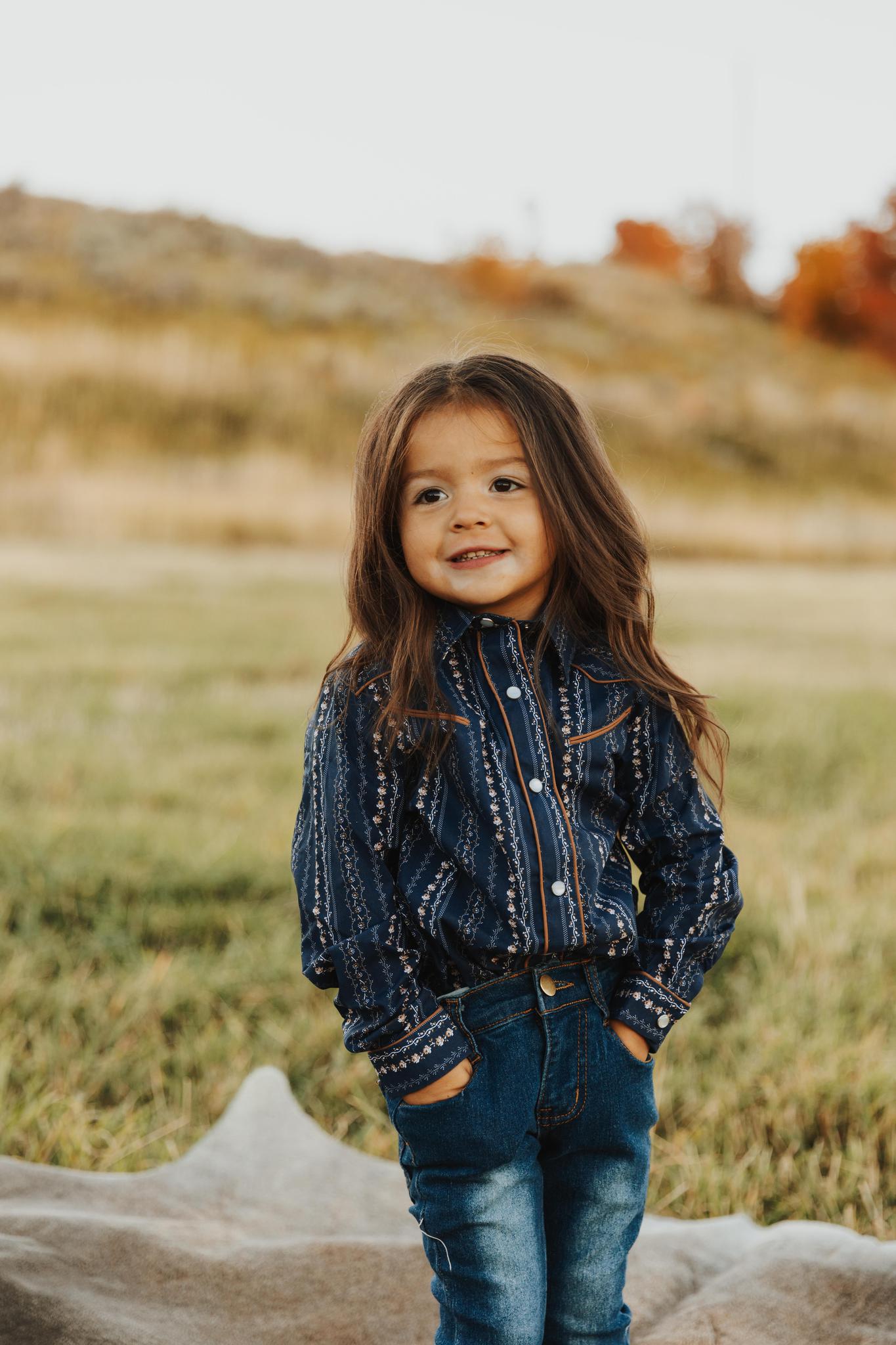 GIRLS L/S SHIRT SNAP RETRO PIPED FANCY YOKE 1724 NAVY/KHAKI FLORAL WALLPAPER PRT