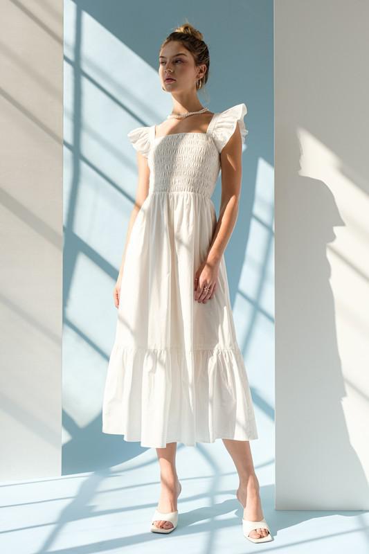 Olivia Ruffle Smocked Torso Poplin Midi Dress - White
