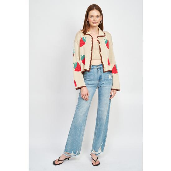 STRAWBERRY PRINT CONTRASTED CARDIGAN