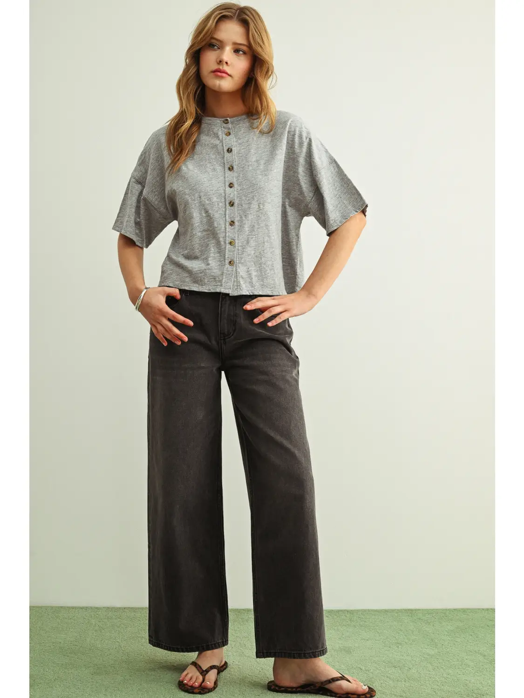 Button Down Round Neck Half Sleeve Top