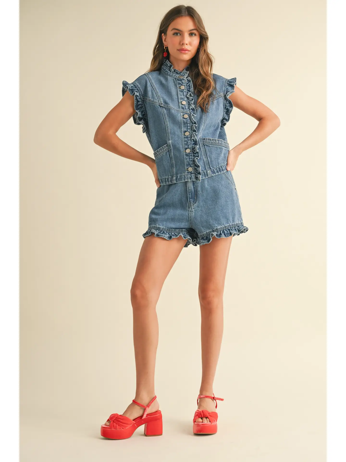 Ruffled Detail Denim Vest