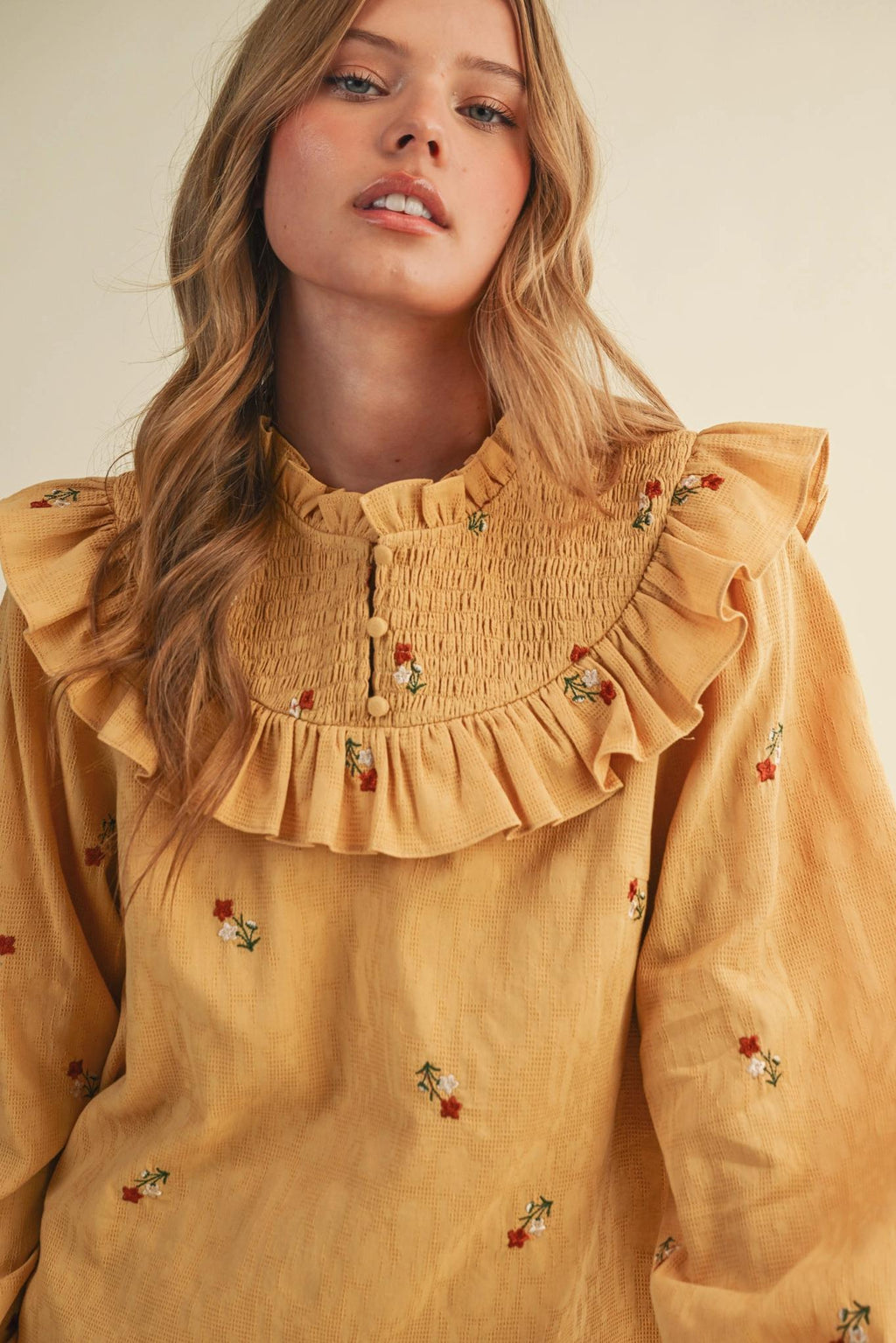 Ruffled Smocked Yoke Embroidered Blouse