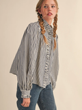 Striped Ruffled Button Down Long Sleeve Top - BLACK STRIPE