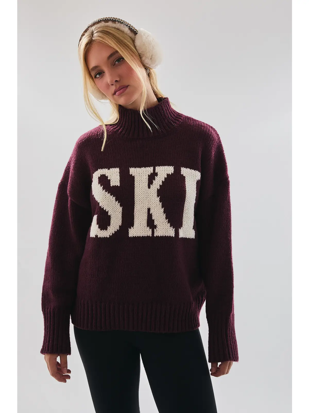 High Neck Oversized Sweater Top - WINE-IVORY