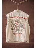 Western Sunset Embroidered Denim Vest - OATMEAL