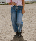 High Rise Elastic Waistband Wide Barrel Jeans - UPSTANDING