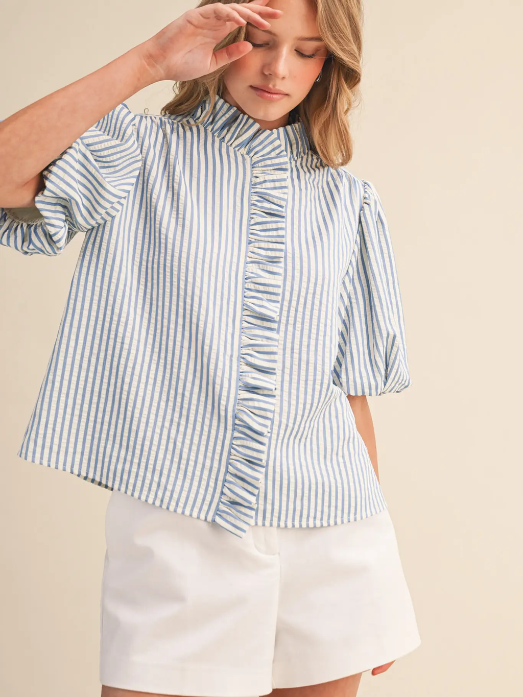 Striped Ruffled Button Down Top - AZULE BLUE