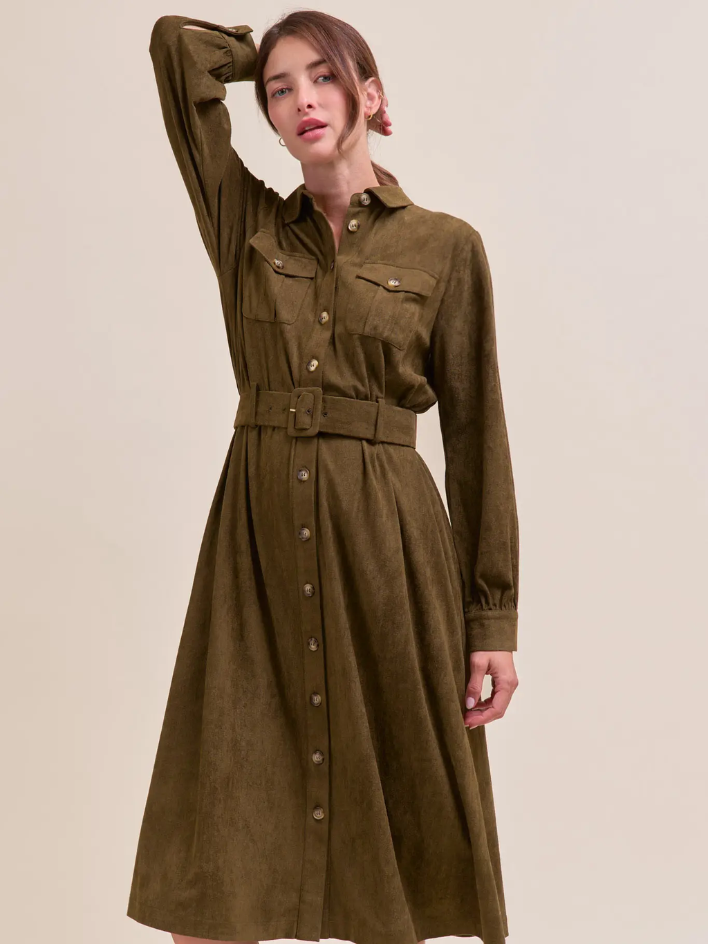 Suede Shirt Dress - OLIVE