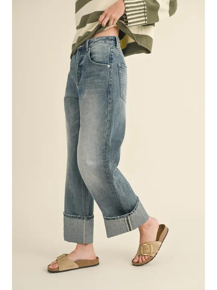 Straight Leg Cuffed Hem Denim Pants