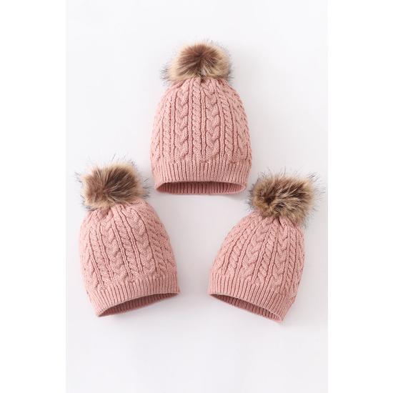 DUST ROSE CABLE KNIT POM POM BEANIE