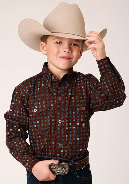 BOYS L/S SHIRT   AMARILLO BTN AC ALLOVER PRINTS  1376 CHOCOLATE AGAVE FOULARD