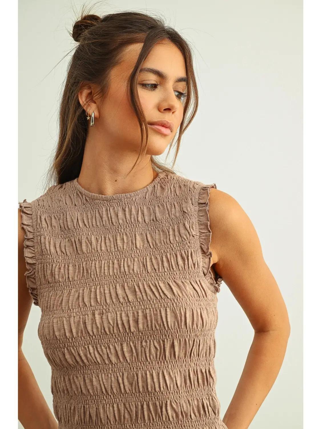 Sleeveless with All Over Smocking Top - MAUVE
