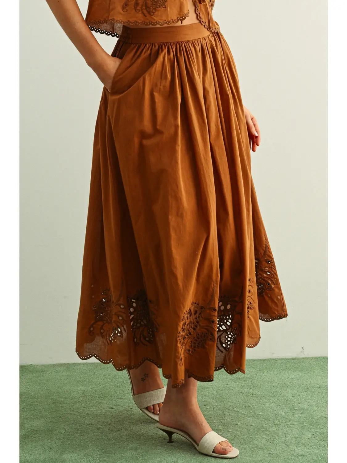 Embroidery Bottom Long Full Skirt -COFFEE