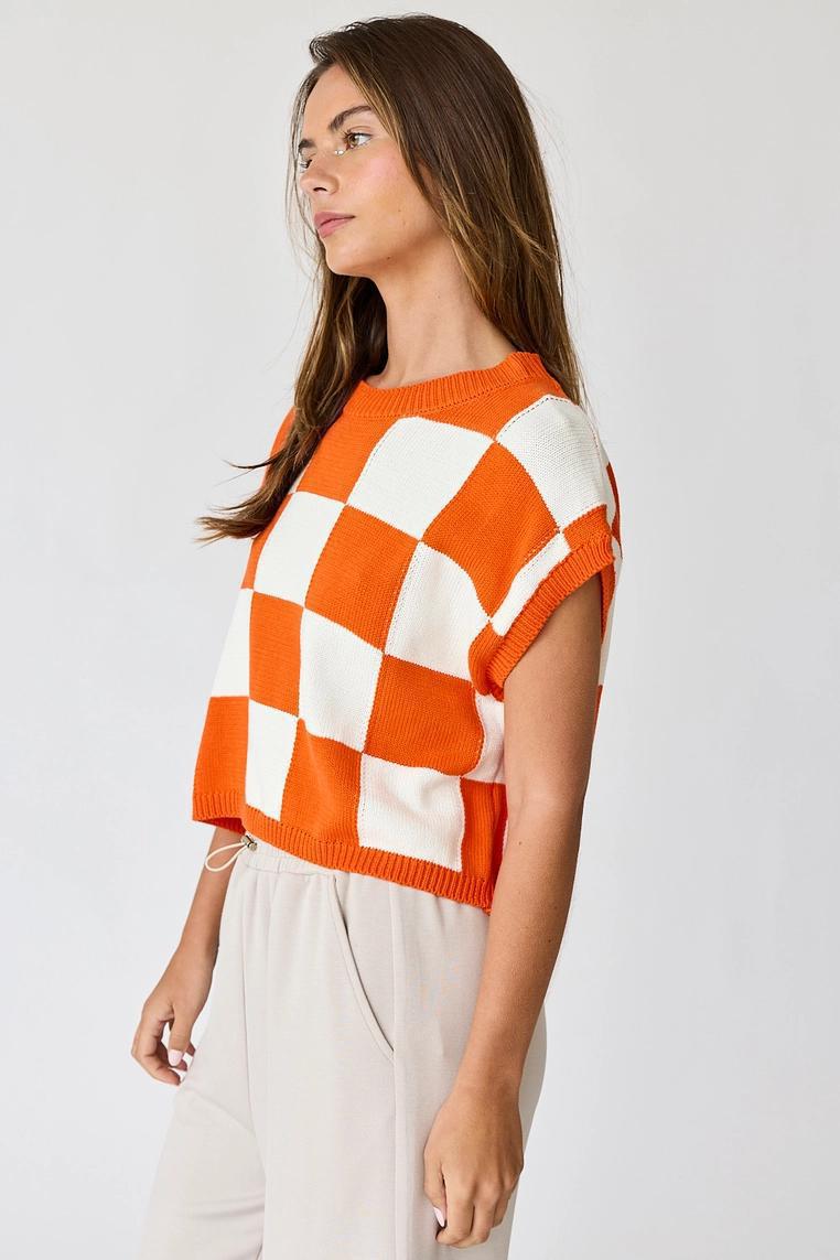 Hannah Loose Fit Checker Knit Top - Orange