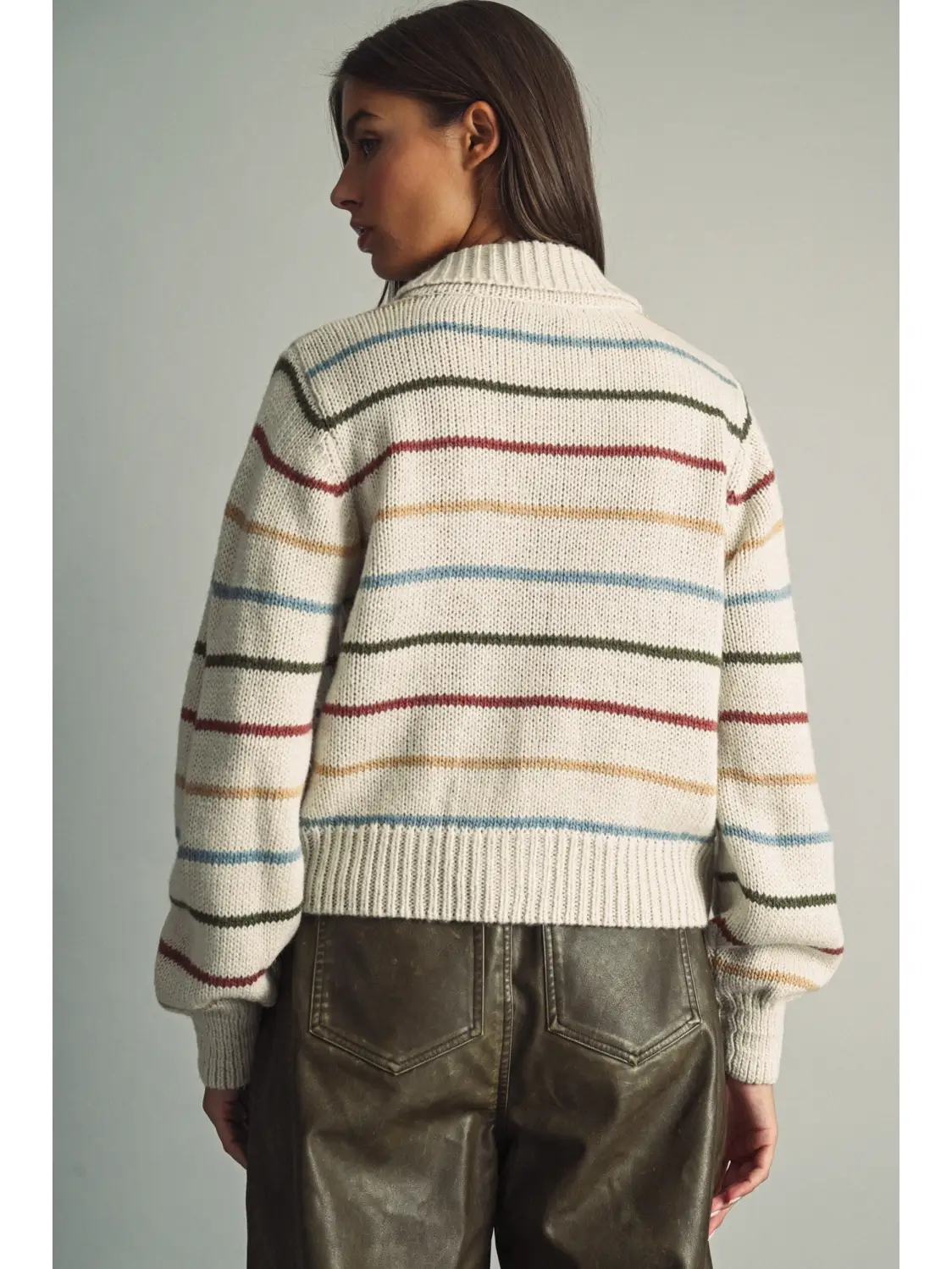 Striped Knit Cardigan with Cord-Textured Collar