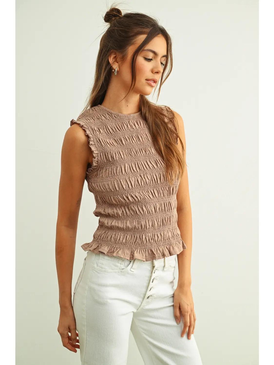 Sleeveless with All Over Smocking Top - MAUVE