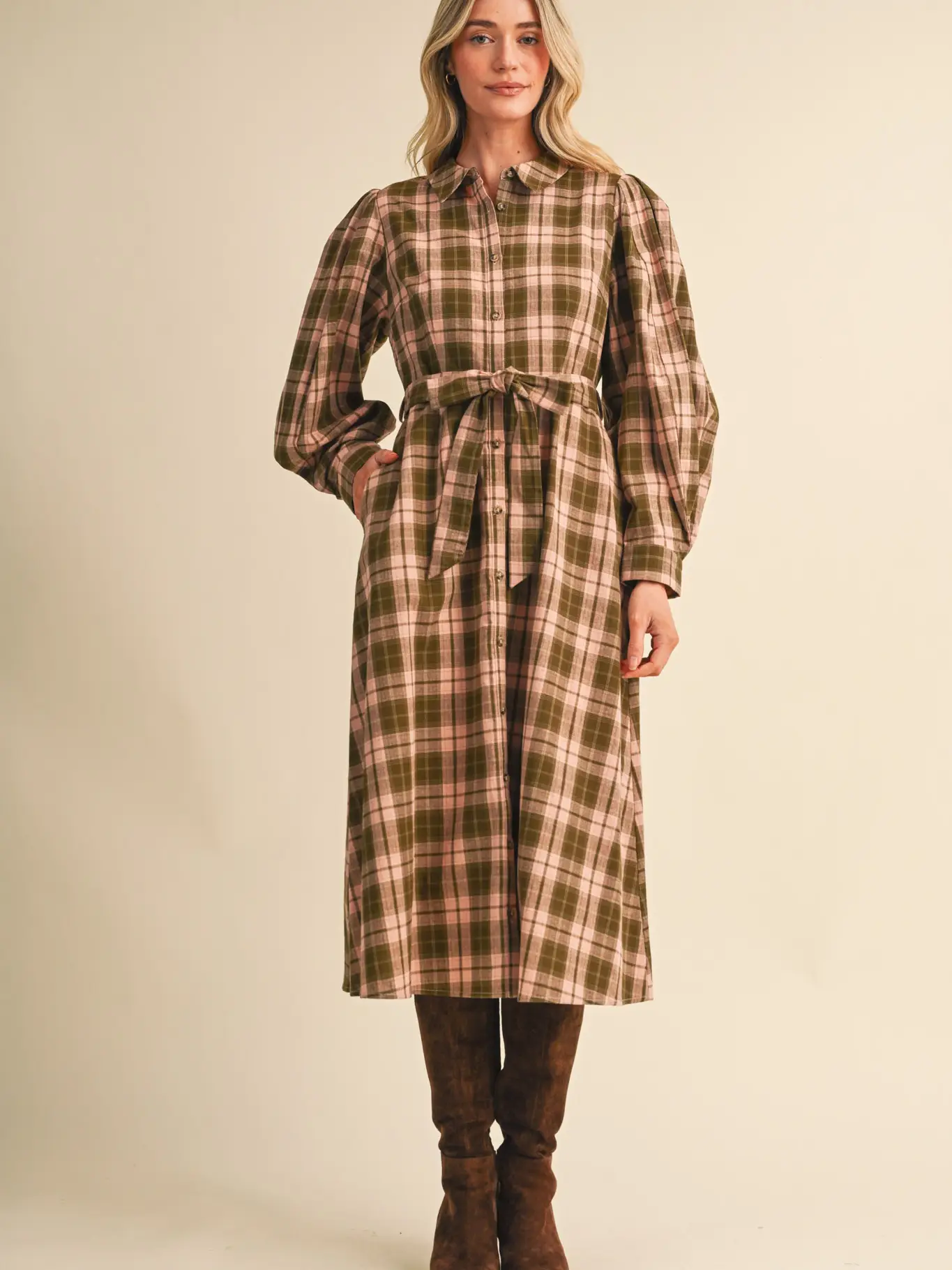Plaid Button Down Belted Midi Dress