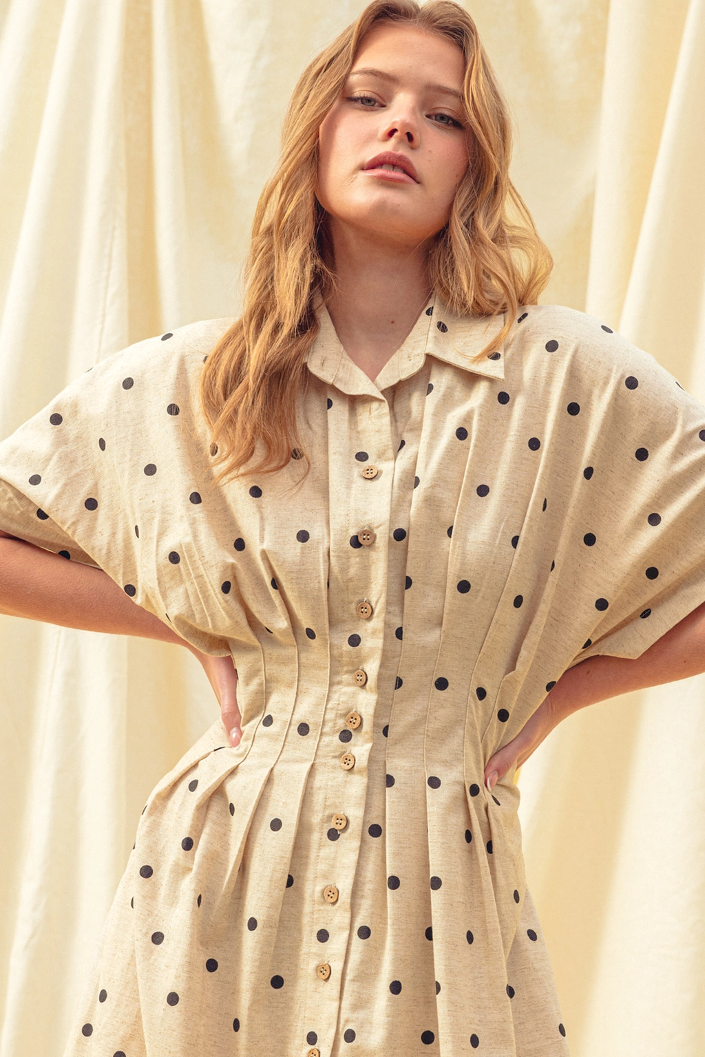 Polkadot Print Short Sleeve Button Front Dress