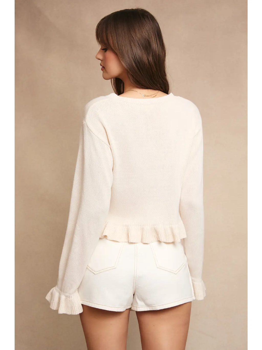 Ruffled Knit Cardigan Top with Buttons On the Front - IVORY