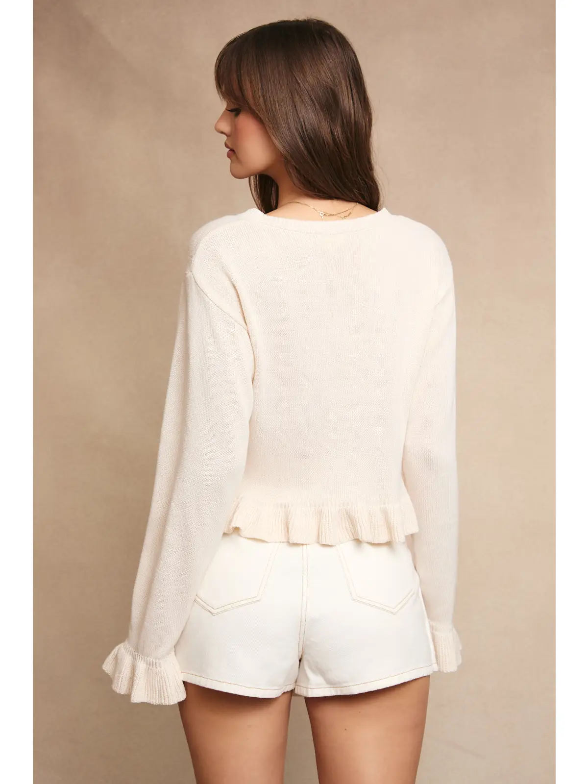 Ruffled Knit Cardigan Top with Buttons On the Front - IVORY