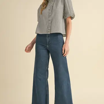 Striped Ruffle Button Down Top - DARK DENIM