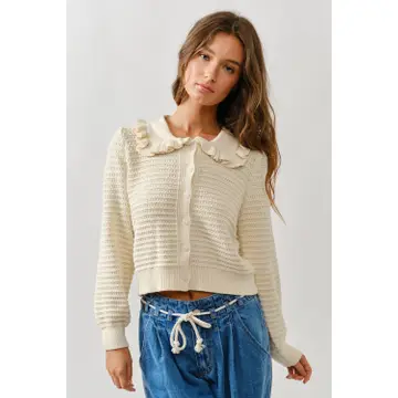 Ruffle Collar Knit Cardigan - Natural